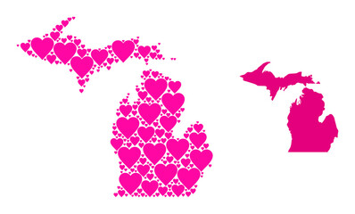 Love mosaic and solid map of Michigan State. Mosaic map of Michigan State is formed with pink valentine hearts. Vector flat illustration for love concept illustrations.