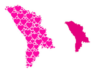 Love mosaic and solid map of Moldova. Mosaic map of Moldova is composed with pink love hearts. Vector flat illustration for dating concept illustrations.