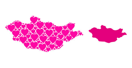 Love collage and solid map of Mongolia. Collage map of Mongolia formed with pink hearts. Vector flat illustration for dating conceptual illustrations.