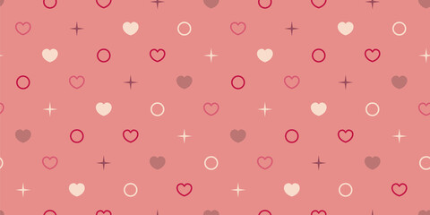 Endless seamless pattern of hearts of different colors, circles and dots. Red yellow pink brown vector hearts on rose red. Wallpaper for wrapping paper. Background for Valentine's Day