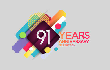 91 years anniversary colorful design with circle and square composition isolated on white background can be use for party, greeting card, invitation and celebration event