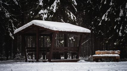 Gazebo in the winter forest covered with snow