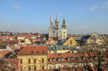 Obraz premium Zagreb historic upper town. Zagreb cathedral and Kaptol, aerial view. Zagreb, capital city of Croatia. Panorama