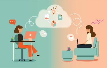 Remote work from home or anywhere vector illustration. Woman on the couch, woman in the office. Freelance and convenient work concept.