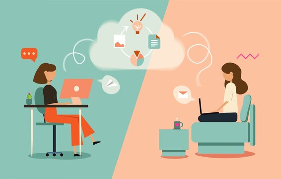Remote work from home or anywhere vector illustration. Woman on the couch, woman in the office. Freelance and convenient work concept.