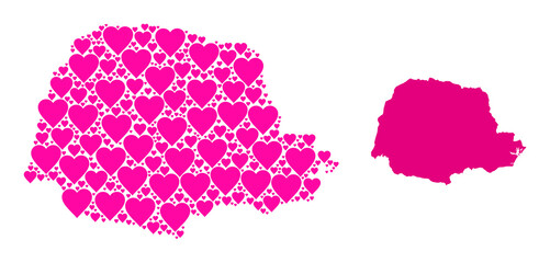 Love pattern and solid map of Parana State. Collage map of Parana State designed with pink lovely hearts. Vector flat illustration for dating conceptual illustrations.