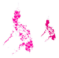 Love pattern and solid map of Philippines. Mosaic map of Philippines composed with pink love hearts. Vector flat illustration for dating conceptual illustrations.