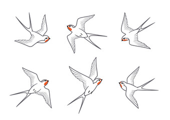 Set of flying barn swallows birds isolated on white background. Vector line drawing design elements. - 411659003