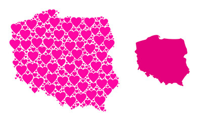 Love mosaic and solid map of Poland. Mosaic map of Poland is composed with pink love hearts. Vector flat illustration for dating abstract illustrations.