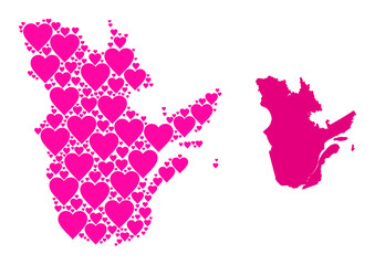 Love pattern and solid map of Quebec Province. Mosaic map of Quebec Province designed with pink lovely hearts. Vector flat illustration for love abstract illustrations.