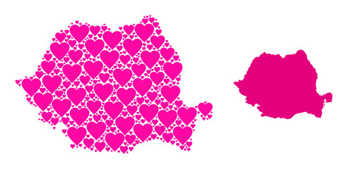 Love collage and solid map of Romania. Mosaic map of Romania is created with pink valentine hearts. Vector flat illustration for dating concept illustrations.