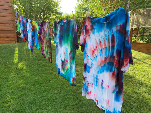 Tye Dye T-shirts Hanging to Dry on a Clothesline
