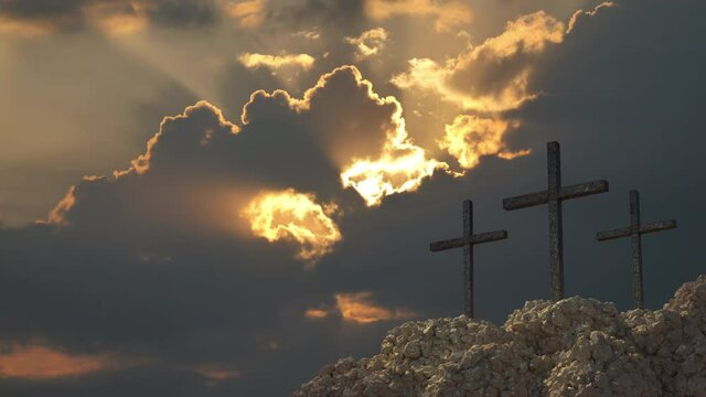 Three crosses on a rocky hill, Golgotha. Symbol of the crucifixion of Christ, Easter.