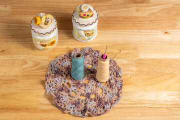 Crochet piece made of wool and knitted by hand