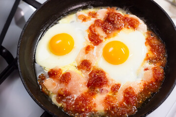 Omelet frying. Fried eggs with chicken in tomato paste. Egg yolks on a frying pan