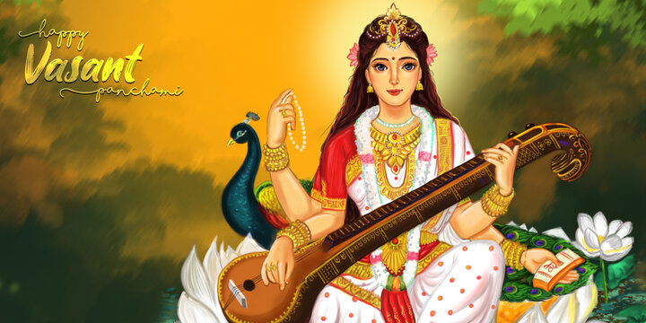 Saraswati Mata Goddess, Happy Vasant Panchami Indian festival, Goddess Maa Saraswati, Indian God