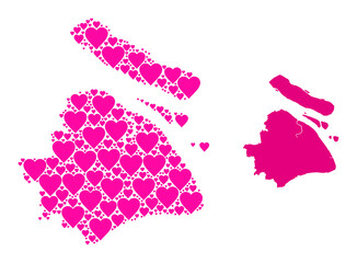 Love collage and solid map of Shanghai Municipality. Collage map of Shanghai Municipality is formed with pink valentine hearts. Vector flat illustration for love concept illustrations.