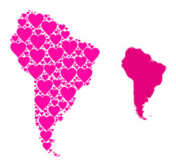 Love pattern and solid map of South America. Collage map of South America formed with pink valentine hearts. Vector flat illustration for love abstract illustrations.