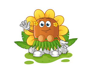 Obraz premium sun flower hawaiian waving character. cartoon mascot vector