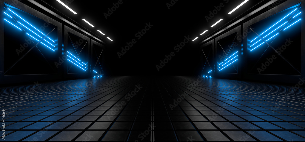 Poster sci fy neon lamps in a dark tunnel. reflections on the floor and walls. 3d rendering image.