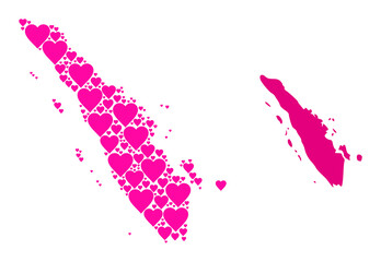 Love mosaic and solid map of Sumatra Island. Collage map of Sumatra Island is created with pink love hearts. Vector flat illustration for love abstract illustrations.