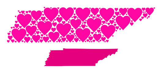 Love collage and solid map of Tennessee State. Mosaic map of Tennessee State composed with pink love hearts. Vector flat illustration for love concept illustrations.