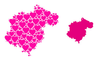 Love pattern and solid map of Teruel Province. Collage map of Teruel Province is created with pink love hearts. Vector flat illustration for dating abstract illustrations.