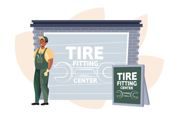 car mechanic in uniform working at maintenance station tire fitting service concept full length horizontal vector illustration