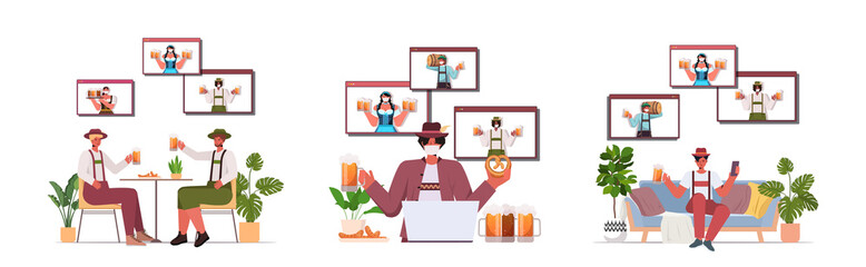 set people in medical masks drinking beer discussing with friends in web browser windows during video call Oktoberfest party celebration coronavirus quarantine horizontal vector illustration