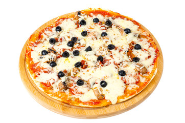 Homemade pizza with pepperoni, mushrooms, mozzarella and olives. Studio Photo
