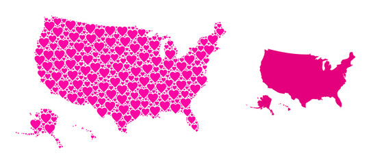 Love mosaic and solid map of USA territories. Mosaic map of USA territories formed with pink love hearts. Vector flat illustration for love abstract illustrations.