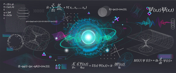 Science elements set concept Quantum Mechanics, formula, curvature of spacetime in a gravitational field, black hole, elements from theoretical physics. Futuristic Quantum Mechanics. Vector collection - obrazy, fototapety, plakaty