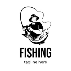 Fishing logo design. Fisherman catching fish with fishing rod vector emblem. Fishing sport, summer vacation hobby. Happy male character catch big fresh fish with logotype template.