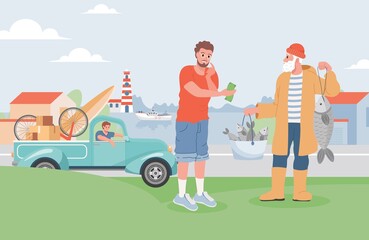Summer vacation vector flat illustration. Man buying fresh fish from fisherman, his friend waiting in car loaded with items for summer holidays. Summer sea or lake landscape, trip to the sea concept.