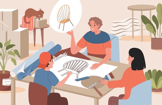 Group of people discussing furniture design vector flat illustration. Designers in studio projecting chair. Family, mother, father and son chooses furniture design for new apartment.