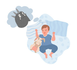 Little boy in cute blue clothes sleeping at night and has a nightmare with creepy black monster vector flat illustration. Male character sleeping in bedroom and having bad dream, terrifying nightmare.