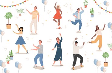 Group of people at festival or dance party vector flat illustration. Men and women in casual clothes dancing and having fun at dance floor or music event. Joyful friends expressing positive emotions.