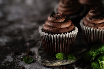 Chocolate Cupcakes on dark moody background, selective focus