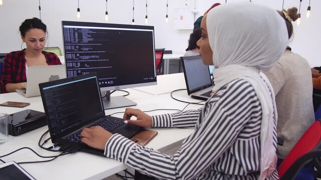 Islamic multicultural developing programmer Team Development Website design and coding technologies working in software startup company, coworking modern office