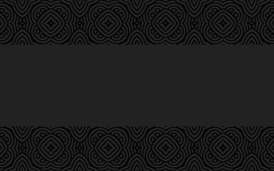 Complex geometric volumetric convex 3D pattern. Ethnic embossed black background in doodling style with horizontal inserts for presentations, websites.