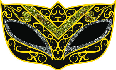 Traditional Venetian carnival black mask with gold ornate decoration. Vector illustration