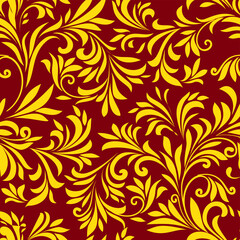 Vintage seamless patterns. Gold leaves on red background. Vector illustration. Good print for wrapping paper, packaging design, wallpaper, ceramic tiles, and textile