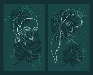 Set of two posters with one-line drawn women. White lines on dark blue background. Print, poster, postcard, background, web banner