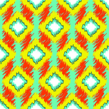 Seamless pattern with geometric ornament in Ikat style. Orange, yellow elements on blue background. Good print for wrapping paper, packaging design, wallpaper, ceramic tiles, and textile