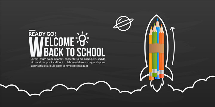 Colour Pencils Rocket Launching With Doodles On Blackboard, Welcome Back To School Background