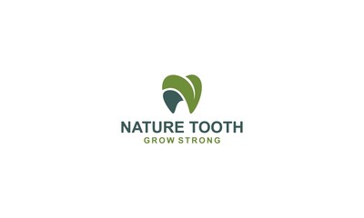 nature tooth logo with leaves that form teeth that reflect natural and strong tooth growth
