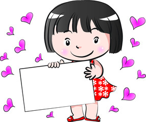 vector cartoon girl hold blank card border background