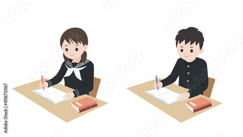 勉強をする 学生 男女 生徒 横向き イラスト素材 Boy Wall Mural B Senryu