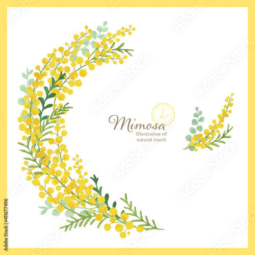 ミモザの手描きイラスト サークルフレーム Acacia Sticker Acac Kowappa D