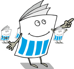 Set of newspaper with arms and legs in different poses, isolated on white background. The magazine smiles with eyes. Flat infographics. Vector illustration in cartoon style.